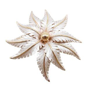 Vintage Gold Tone & Silver Enamel Large Flower Brooch Unsigned 2.75"